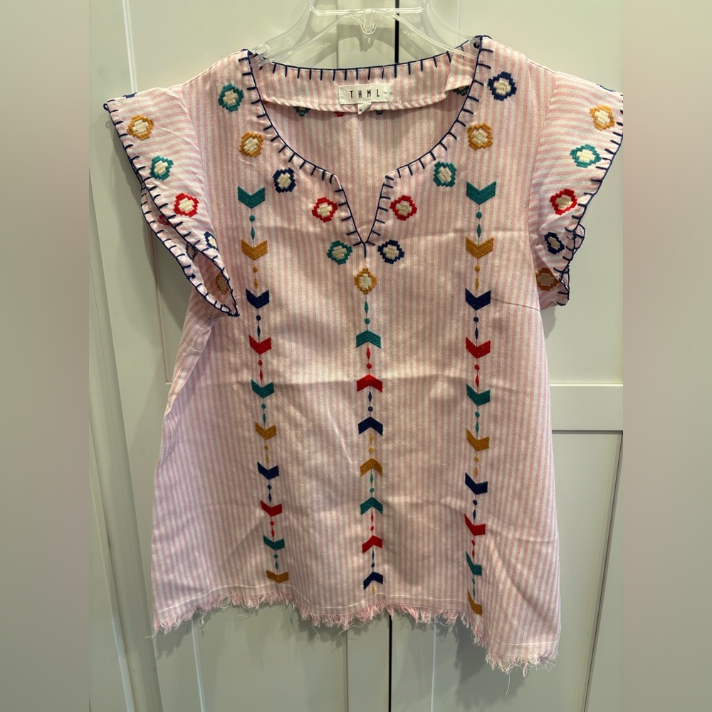 Pink White Stripe Embroidered Flutter Sleeve Top with Wispy Hem THML Medium
